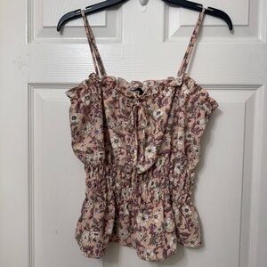 Zenobia Summer Floral Top Size XL Spaghetti Straps Smock Waist Pullover Ruffles